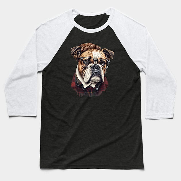 Hipster Bulldog Baseball T-Shirt by JayD World